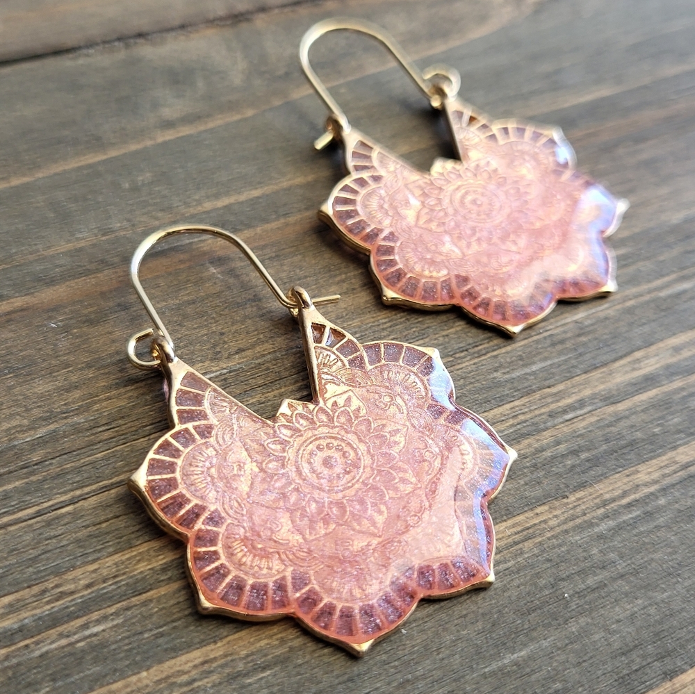 Geranium Pink Gold Bohemian Hoop Earrings- Gold Hoops- Resin Earrings-Gold Earri